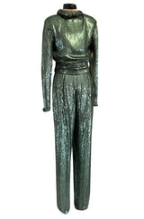 Amazing 1979 John Anthony Couture Sea Green Jumpsuit Completely Covered in Sequins