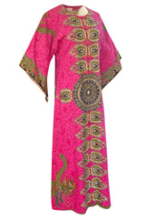 1960s Unlabeled Pink Thai Print Cotton Caftan Dress w Frog Knot Detail