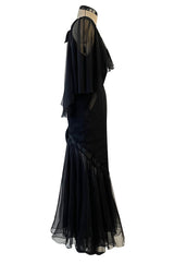First RTW Collection Fall 1983 Chanel by Karl Lagerfeld Black Caped Bodice Silk Chiffon Dress