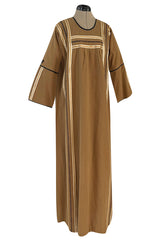 1960s Josefa Hand Embroidered w Brown Ribbon Detailing & Bird Motif Caftan Dress