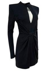 2010s Balmain Black Jersey Dress w Strong Shoulders, Front Knot & Keyhole