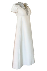 1960s Malcolm Starr Ivory Silk Dress w Rhinestone & Bead Adornments