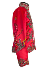 Fabulous 1960s Extensively Beaded & Sequin Front Zip Red Silk Satin Asian Jacket