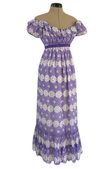 Late 1960s Anne Fogarty Soft Lavender Purple & White Floral Off Shoulder Empire Waist Dress
