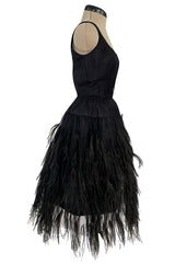 Fabulous Early 1960s Jean Louis Black Silk Chiffon Dress w Elaborate Feather Detailed Skirt