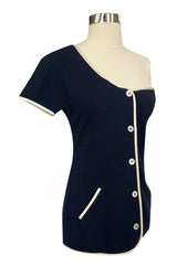 1992 Geoffrey Beene One Shoulder Navy w White Piping Top