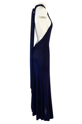 Important 1977 Halston Couture Navy Multi-Way Silk Jersey Plunge Dress w Extra Long Ties