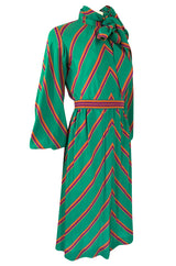 1970s Pauline Trigere Green Striped Silk Dress w Unusual Sleeves