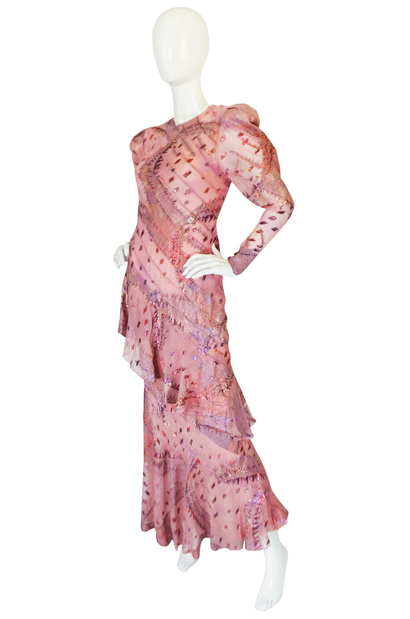 1980s Spiral Bias Cut Pink Silk Metallic Judy Hornby Dress