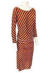 1980s Oscar de la Renta Rust and White Striped Silk Top & Skirt Set