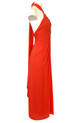 1970s Frank Usher Gathered Halter Backless Coral Jersey Dress