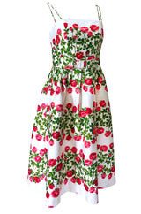 1960s Unlabeled Pink & Green Floral Print on White Cotton Dress