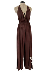 Gorgeous 1980s Genny Brown Jersey Backless Jumpsuit w Wide Legs & Floral Applique