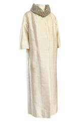 1960s Lillie Rubin Ivory Silk Coat Evening or Opera Coat w Silver Beaded Collar