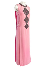 Documented 1969 Pierre Cardin Couture Pink Silk Crepe Diamond Beaded Dress w Overlay
