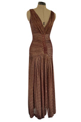 Late 1920s Unlabeled Gold Metallic Lame Thread Mixed w Deep Burgundy Silk Deep Plunge Dress