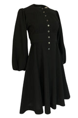 1972 Jean Muir Pin Tuck Detailed Huge Sleeve Black Crepe Dress