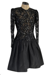 1980s Ady Couture Lausanne Black Lace & Sequin Black Dress w Dropped Full Skirt