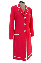 1980s Valentino Textured Wool Long Cut Jacket & Skirt Set in a Vivid Coral w Cream Trim