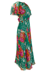Documented 1973 Scott Barrie Pink & Green Floral Backless Silk Chiffon Dress
