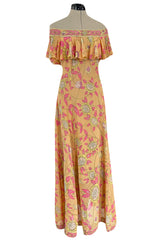 Prettiest 1960s Emilio Pucci Pink & Yellow Print on Peach Silk Chiffon Ruffled Off Shoulder Dress