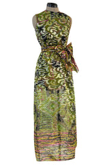 Fabulous 1960s Unlabeled Metallic Green Organza Dress Set w Matching Hot Pants & Gold Trim