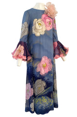 Incredible 1970s Hanae Mori Flower Print Dress w Original Flower Pin & Stunning Sleeves