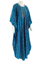 1970s Elaborately Embroidered Deep Turquoise Blue Silk Caftan Dress