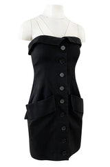 Spring 1985 Yves Saint Laurent Black Cotton Button Front Strapless Mini Dress w Pockets