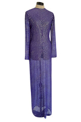 Incredible Late 1970s Halston Purple Transparent Silk Chiffon Dress w Iridescent Sequins