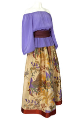 Fall 1977 Bill Blass Printed Silk Taffeta Skirt & Off Shoulder Purple Silk Top Dress Set