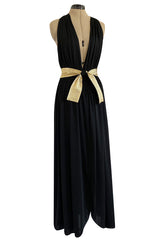 Documented 1981 Bill Tice Plunge Front Black & Gold Backless Nylon Jersey Halter Dress