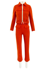 Rare 1970s Courreges Hyperbole Bright Orange Wool Jumpsuit & Matching Cropped Jacket