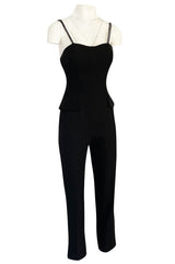Pre-fall 1997 Christian Dior by Galliano Sleek Flared Leg Black Jumpsuit w Beaded Straps & Hip Peplum
