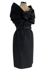Exceptional Late 1970s Ady Couture Lausanne Black Silk Dress w Dramatic Wide Collar Shoulder Wrap