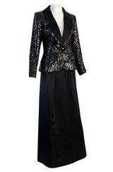 Documented Fall 1992 Yves Saint Laurent Black Sequin 'Le Smoking' Jacket & Silk Maxi Skirt Set