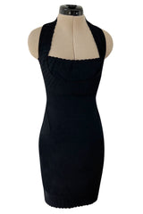 Documented Spring 1992 Azzedine Alaia Black Knit Mini Dress w Curving Halter Neckline