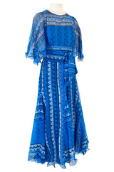 1980s Zandra Rhodes Hand Painted Silver on Blue Silk Caftan Dress w Wrap Belt & Matching Scarf