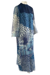 1970s Hanae Mori Silk Chiffon Deep Blue Floral & Water Print Dress