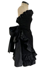 Dramatic Fall 1987 Yves Saint Laurent Strapless Silk & Taffeta Dress w Ruffles & Bow