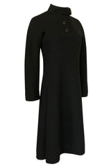 1960s Pierre Cardin Chic Sculpted Black Wool Button Detail Dress