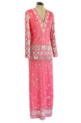1970s Emilio Pucci Deep Pink Printed Silk Jersey Dress W High Snapped Slit Side Opening Skirt
