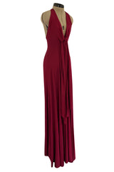 Important 1975 Halston Couture Deep Burgundy Front Wrap & Tie Silk Jersey Plunge Dress