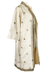 1960s Stavropoulos Gold Embroidered Ivory Silk One Shoulder Dress & Coat