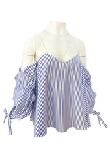 Recent Caroline Costas Blue & White Striped Pouf Sleeved Off Shoulder Top