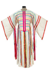 Joyful 1960s Josefa Mexico Rainbow Ribbon on Ivory Cotton Caftan Dress w Zip Front