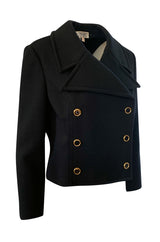 1970s Tricosa France Cropped Black Jacket w Pointed Collar Gold Buttons