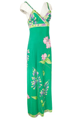 1970s Leonard Paris Green Floral Print Silk Jersey Halter Dress