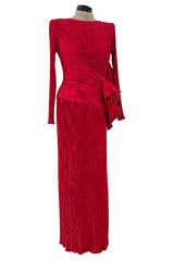 Runway Fall 1988 Mary McFadden Couture Red Pleated Dress w Gold Edged Ruffle Detailing