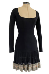 Early 1990s Azzedine Alaia Black Knit Couture Dress w Beaded Hem & Hand Placed Mirrors